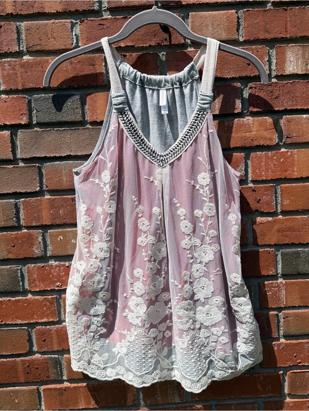 Xhilaration Pink Grey Embroidered Mesh Floral Tank Top S